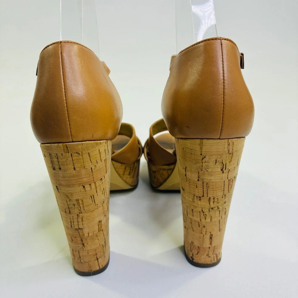 Michael Kors Camal Catalina Leather T-Strap Cork Platform Block Heel Sandals 7M - Picture 4 of 8